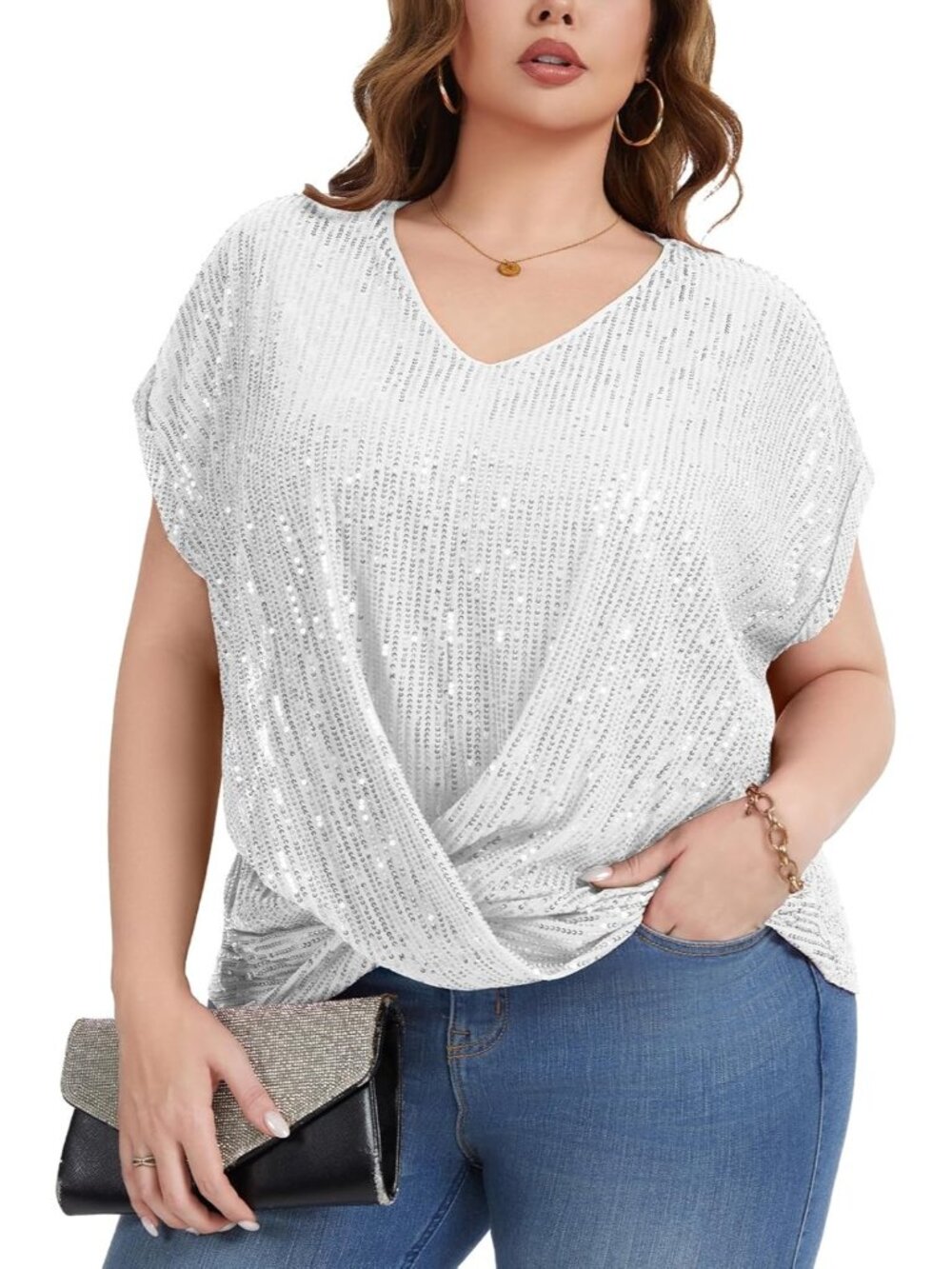 Women's Silver Sequin Top Short Batwing Sleeve V Neck Shirts Elegant Blouses